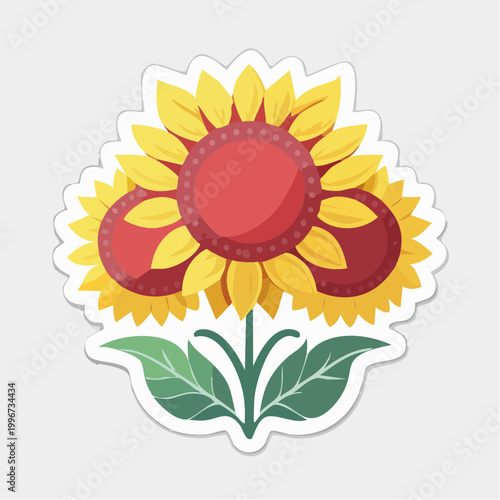 Stylized Sunflowers with Red Centers and Green Leaves