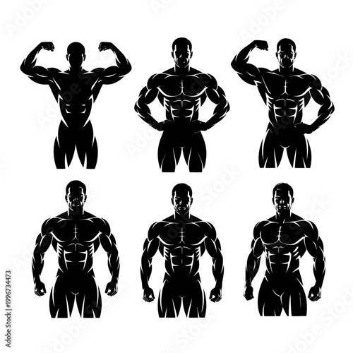 A muscular man in various poses in black silhouette vector illustrations