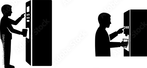 Black silhouettes of men making coffee and getting water from vending machine stations