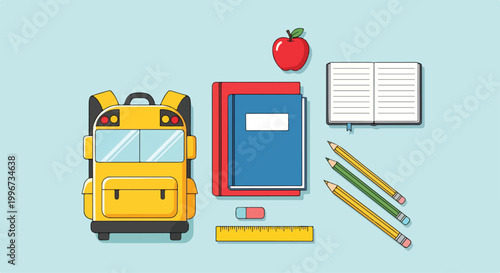 A colorful arrangement of school supplies on a light blue background