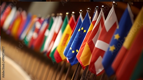 Global Nations: International Flags in Diplomatic Assembly