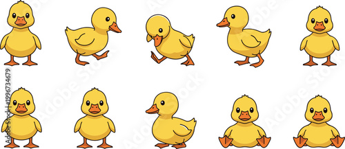 Set of Cute Yellow Duckling Illustrations Featuring Baby Waterfowl in Various Playful Poses Including Standing Walking Swimming and Sitting for Farm Theme and Kids Education Graphic Designs