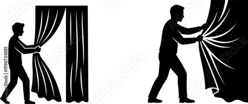Silhouette of a man opening and pulling back a curtain to reveal something new