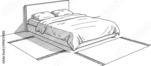 Hand drawn vector sketch of a modern double bed with pillows and rugs in a minimalist bedroom
