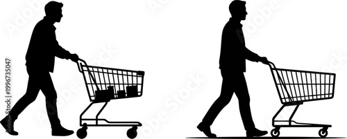 Silhouette of a man pushing a shopping cart in a store for grocery shopping
