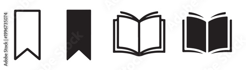 Collection of bookmark and open book icons in flat design with transparent background.