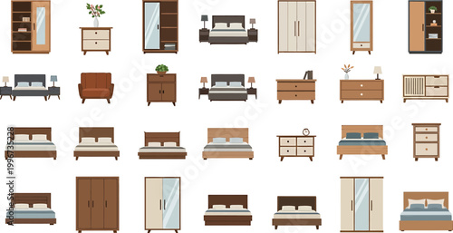 Flat design vector illustration set of bedroom furniture including beds wardrobes dressers and nightstands for home decor