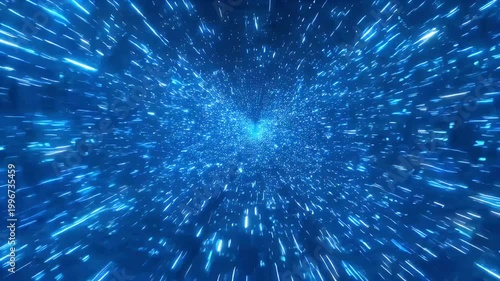 Abstract blue digital tunnel warp motion background with glowing particles.