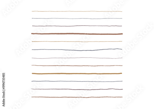 色々な太さのペンで書いたアンティークカラーの手描きの真っ直ぐな長い線のセット