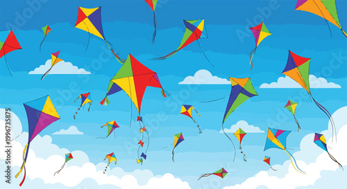 Foto A bright blue sky filled with colorful kites and fluffy white clouds
