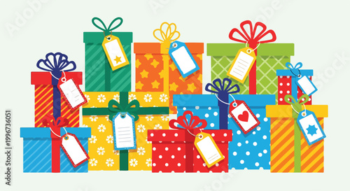 A colorful pile of gift boxes with tags and ribbons