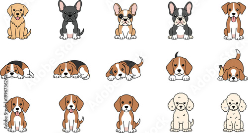 Set of Cute Puppy Breed Illustrations Featuring Golden Retriever French Bulldog Beagle and Poodle in Various Poses for Pet Care and Animal Lover Graphic Designs