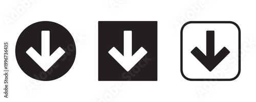 Black downward arrow symbols inside rounded square and circular frames for interface navigation design.
