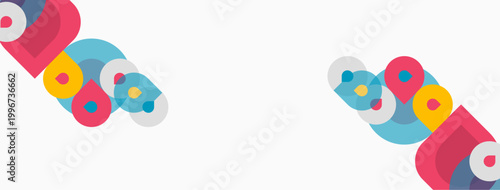 Colorful overlapping circles create abstract patterns. Simple shapes, bright hues, clean design. Minimalist aesthetic, playful composition.