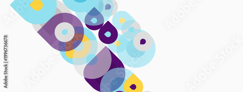 Abstract geometric shapes overlap, creating vibrant color composition. Purple, blue, yellow hues dominate design. Modern aesthetic.