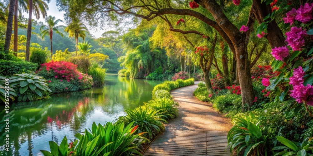Obraz premium Jungle walkway through vibrant floral garden with shady canopy of tall trees and winding path leading to serene lake , natural beauty, tall trees