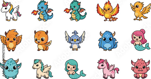 Set of Cute Chibi Mythical Creature Illustrations Featuring Baby Dragons Unicorns Mermaids Phoenix and Griffins for Kids Fantasy and Storybook Graphic Designs
