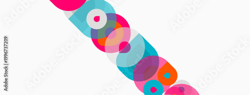 Abstract colorful circles overlap diagonally across white space. Modern design, vibrant hues create dynamic composition.