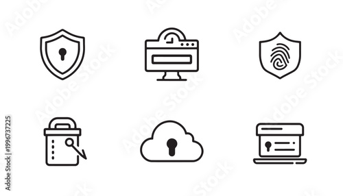Cybersecurity line icon set featuring security shield, protected computer, biometric fingerprint, secure database, cloud encryption, and laptop login isolated on a white background