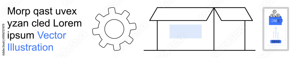 Obraz premium Technology systems, construction, housing design, identification verification, digital authentication, and innovation. Simple gear, house outline and mobile ID card. Technology systems