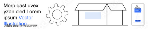 Technology systems, construction, housing design, identification verification, digital authentication, and innovation. Simple gear, house outline and mobile ID card. Technology systems