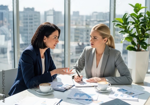 Two professionals discussing over tea in a modern office setting