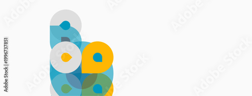 Abstract colorful circles overlap, creating dynamic visual composition. Minimalist design with light background. Simple shapes suggest connectivity.