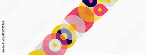 Abstract colorful circles overlap diagonally. Shapes create dynamic composition, vibrant hues present modern design. Minimalist aesthetic.