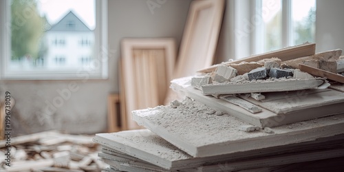 Pile of construction debris and building materials in an unfinished room
