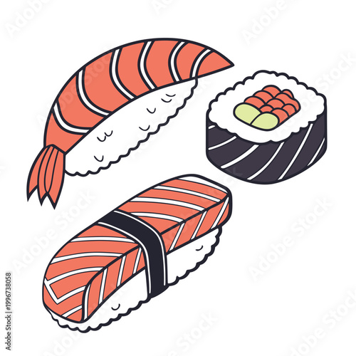A set of vector illustrations of Japanese sushi, rolls, and nigiri with red fish