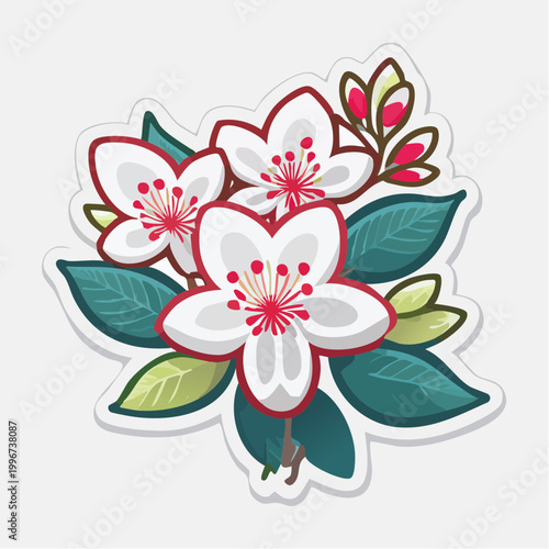 Stylized White Cherry Blossoms with Red Centers and Green Leaves