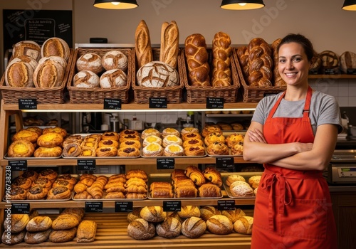 Baker standing proudly in front of a well-stocked bakery display filled with bread and pastries.