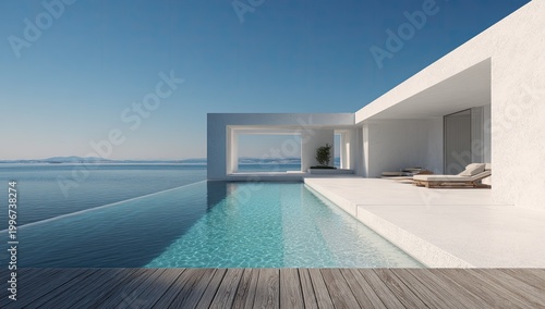 Modern white villa with infinity pool overlooking calm ocean under bright sky