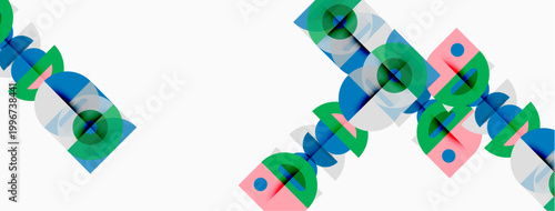 Abstract geometric shapes overlap, creating colorful patterns. Blue, green, pink hues dominate white background. Minimalist design.