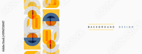 Abstract geometric pattern. Circles, squares, rectangles overlap creating modern visual effect. Light background enhances design elements.