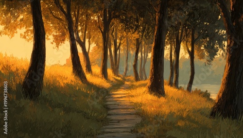 A sun-drenched path winds through a golden forest, inviting peaceful contemplation.