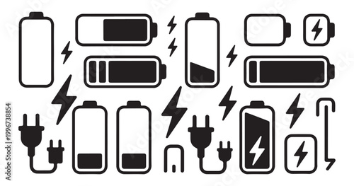 Collection of battery and electrical plug icons for charging symbols and power management concepts.
