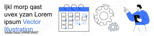 Productivity, workflow optimization, project planning, time management, scheduling, business strategy. A calendar with gear icons and a figure pointing. Productivity and workflow optimization concept
