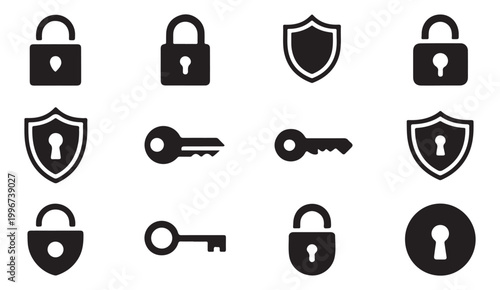 Security and access icons padlock shield key on transparent background.