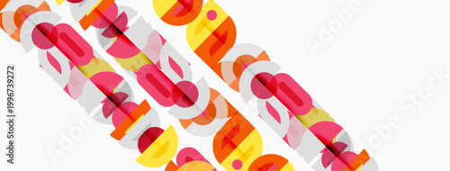 Abstract design features overlapping colorful text elements. Bright orange, red, pink hues create dynamic visual pattern. Simple background.