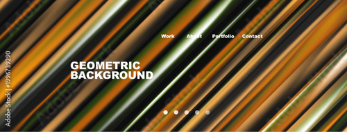 Abstract geometric background features diagonal lines, warm colors, website navigation elements. Minimalist design with text overlay.