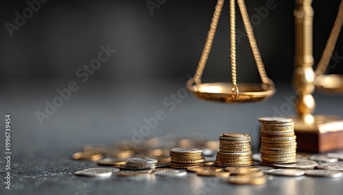 Golden scales hover over stacks of coins, symbolizing finance, justice, and value