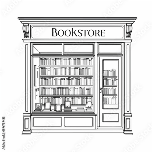 Vintage Bookstore Front With Window Display, Shelves of Books and Classic Shopfront Details