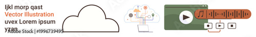 Cloud computing, digital media, data storage, music streaming, connectivity, online interface. Cloud icon and streaming interface graphics. Cloud computing and digital media