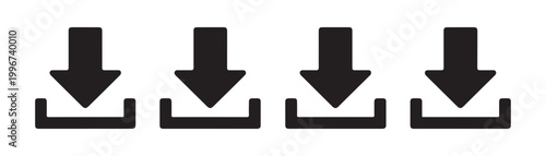 Set of black download icons featuring arrow sign for web interface and mobile application systems.