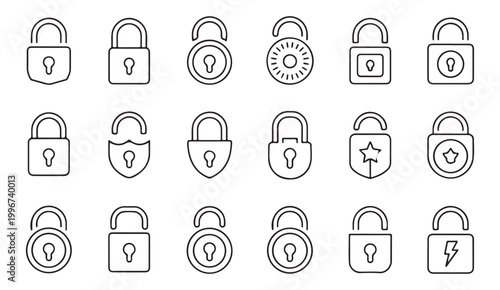Outline padlock icons graphic symbols set representing security safety and privacy concepts for digital use.