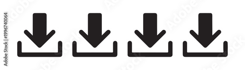 Black arrow download icons set showing file loading action for mobile apps and web user interface.