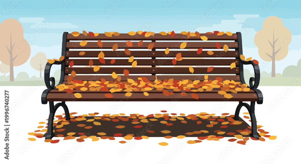 Fototapeta premium A brown wooden bench with autumn leaves on a park path