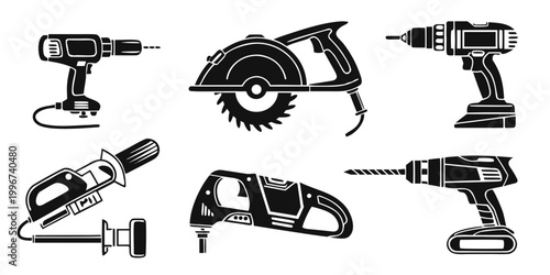 Tableau sur toile Set of black and white silhouette icons representing various construction power