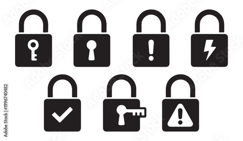 Black security icons including locks, warning, power, checkmark, key, and alert on transparent background.